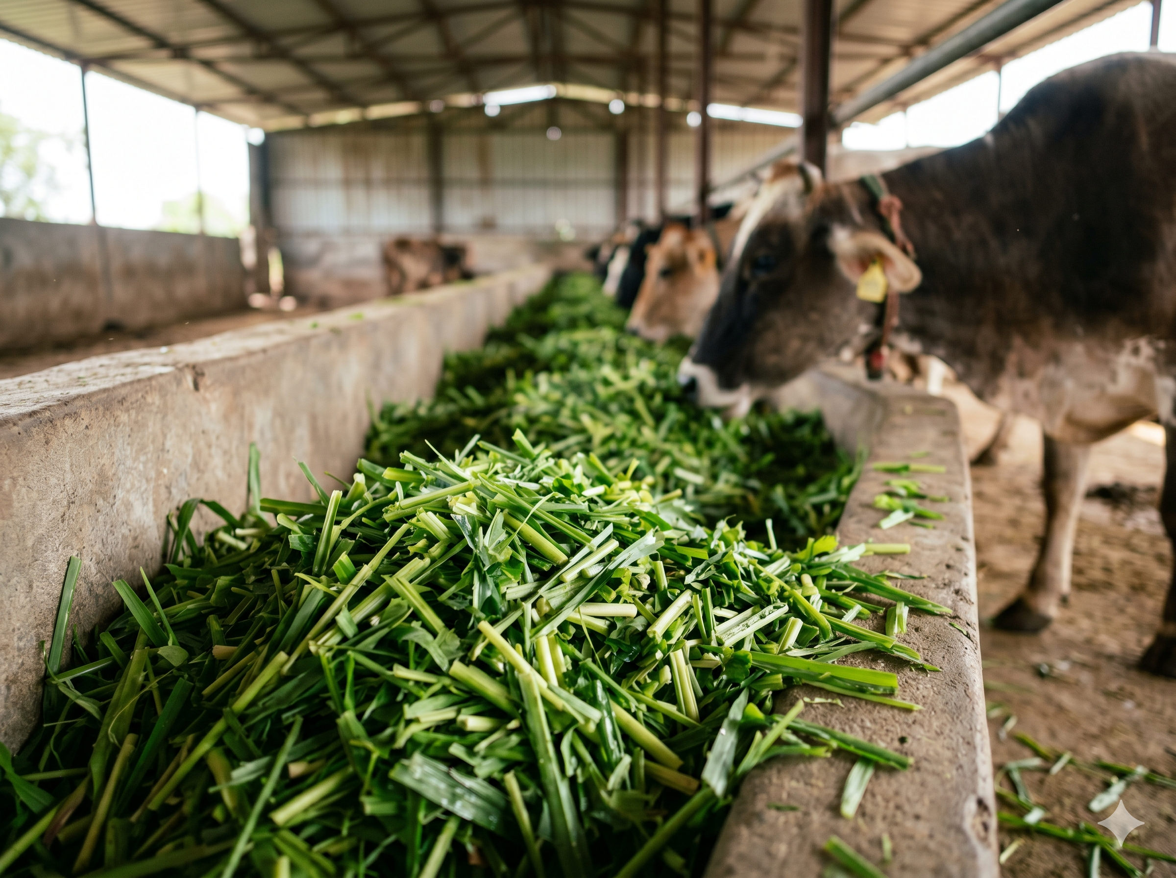 Chopped Napier grass in a concrete trough with cows feeding in a dairy shed